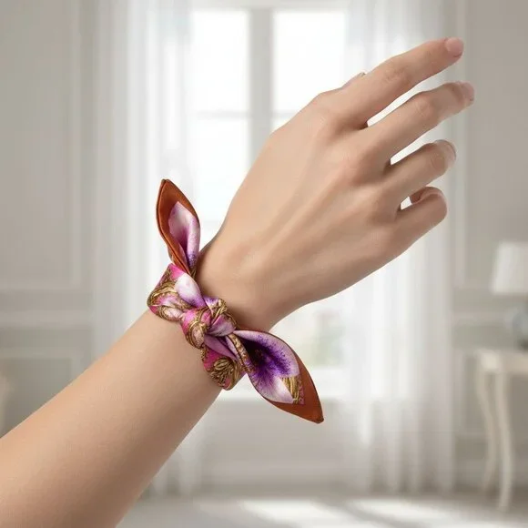 Pink Floral Satin Scarf 20x20 Women's Hair Tie Neck Wrist Wrap - Picture 5 of 10